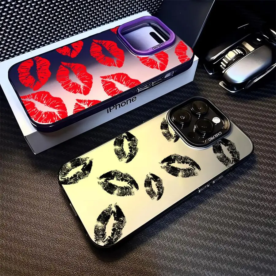 Black Red Lips Art Colored Silver Case for Apple iPhone 11 13 15 Pro Max 12 14  XR X XS Shockproof Protective Phone Cover Shell