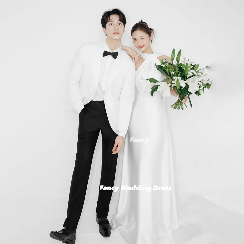 Fancy Simple A Line Korea Wedding Dress Imitation Silk Halter Bridal Gown Back Corset Evening Party Dresses Customized