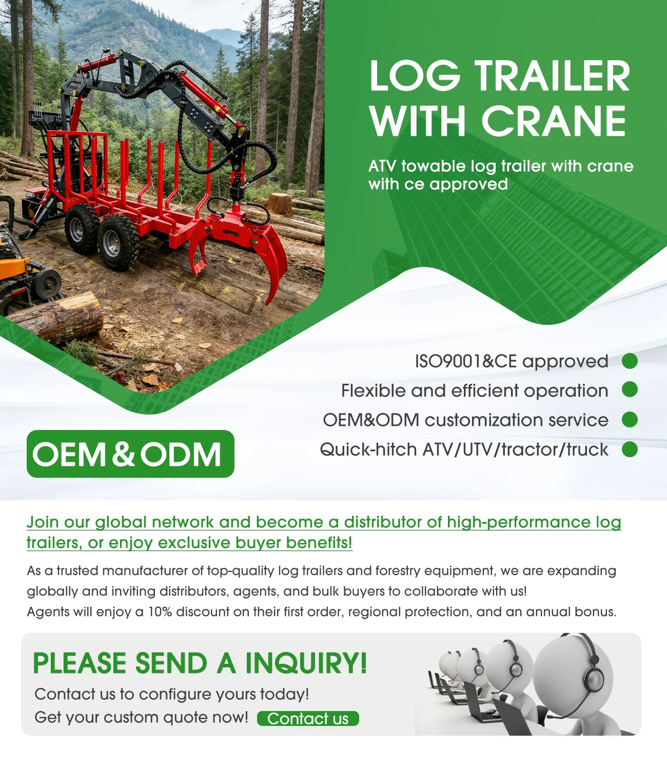 OEM 10 Ton Timber Trailer With Crane Hydraulic Cylinder ATV Log Carrier for Tractor Use