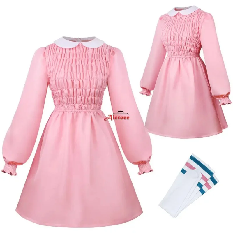 Stranger Cos Superpower Girl Costume Millie Bobby Brown Pink Dress Halloween Carnival Outfits