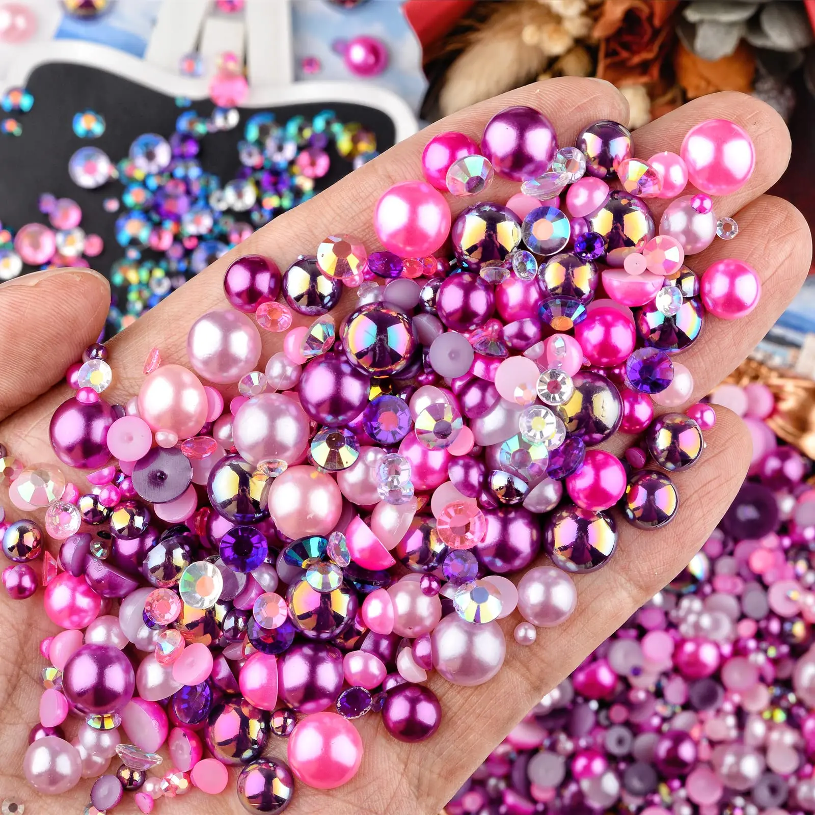 1100Pcs Flat Back Pearls And Rhinestones, 30g Mixed Size 3mm-10mm Ab Color Resin Rhinestones Semi-Circular Pearl