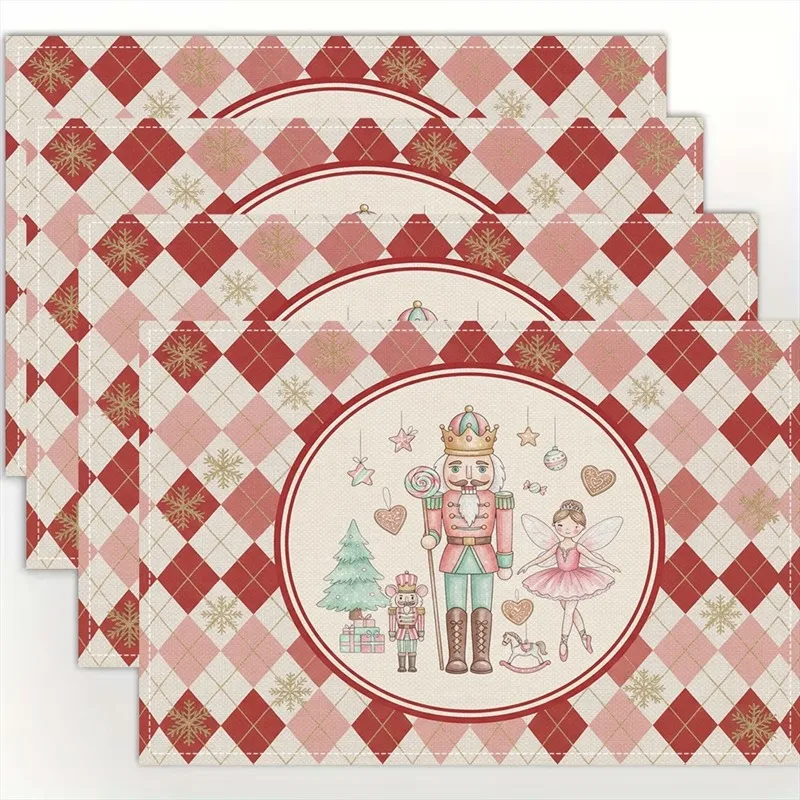 VIKAMA Linen Placemats Nutcracker Ballet Dolls Red Pink, Stain Resistant Easy to Clean, Dining Table Holiday Home Decor