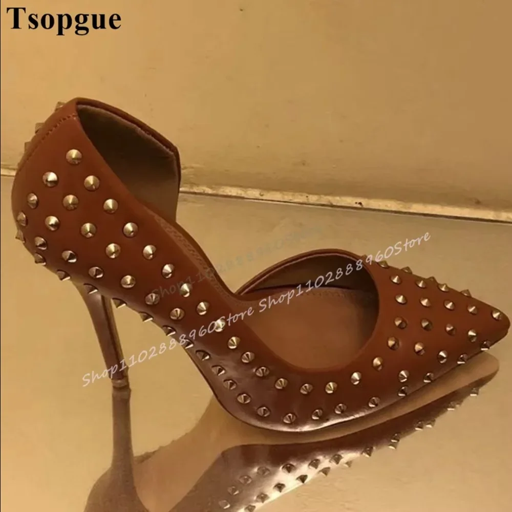 

Brown Side Empty Matte Leather Rivet Pumps Thin High Heel Shoes For Women Slip On Pointed Toe Sexy Stylish Fashionable Pumps