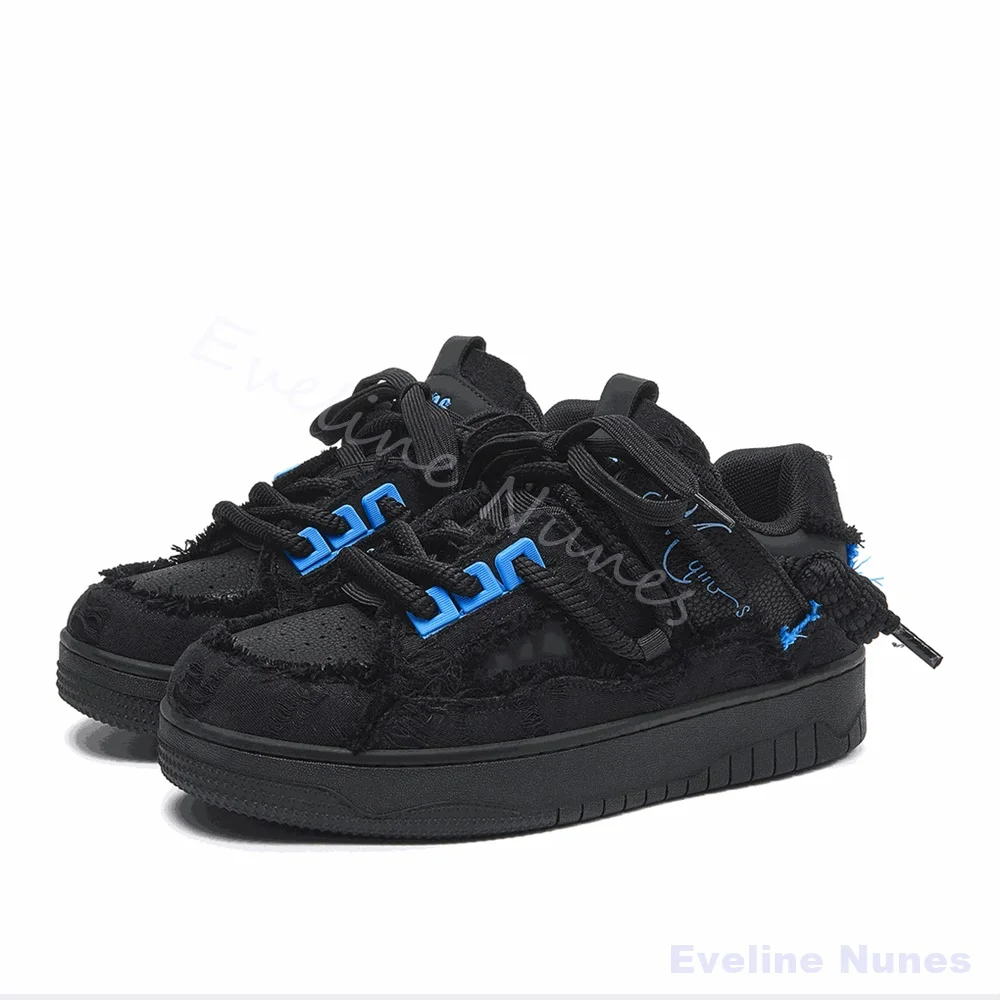 Black Frayed Raw Edge Platform Skate Shoes Men Women Blue Stitch Embroidery Low Top Shoes Street Hip Hop Daily Trendy Footwear