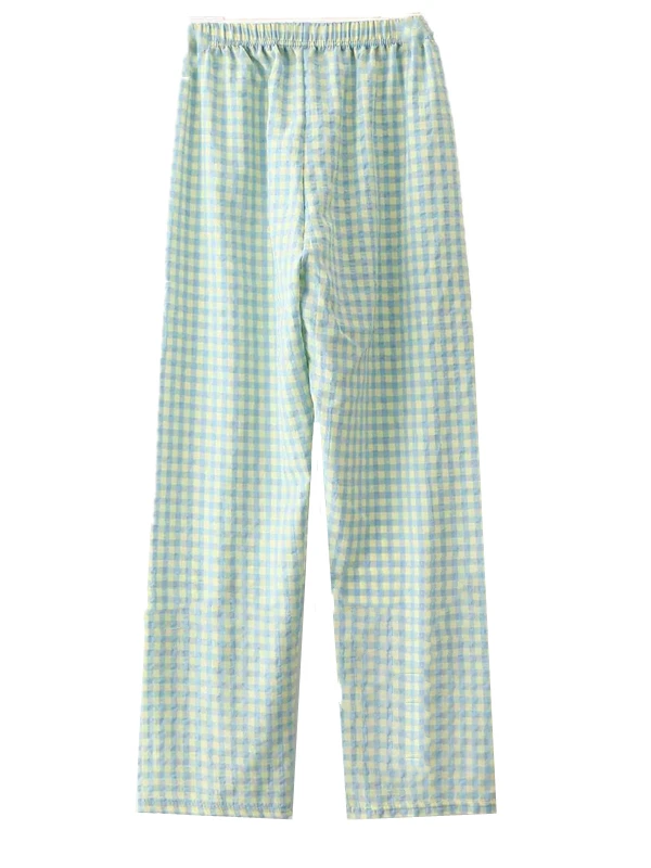 여름 얇은 격자 바지 여성의 느슨한 스트레이트 레그 캐주얼 바지 편안한 홈 잠옷 워킹 바지 통기성