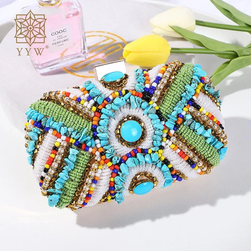 

Bohemia Beading Evening Clutch Bag Contrast Colors Summer Hand Bags Wedding Bridal Party Purse Clutch Purse Pochette Femme 2021