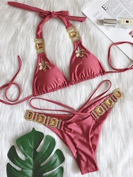 Bikini Set Women's Sexy Rhinestones Solid Color Push Up Glitter Diamond 2 Piece Swimsuit Bathing Suit Thong Swimwear 2025 New