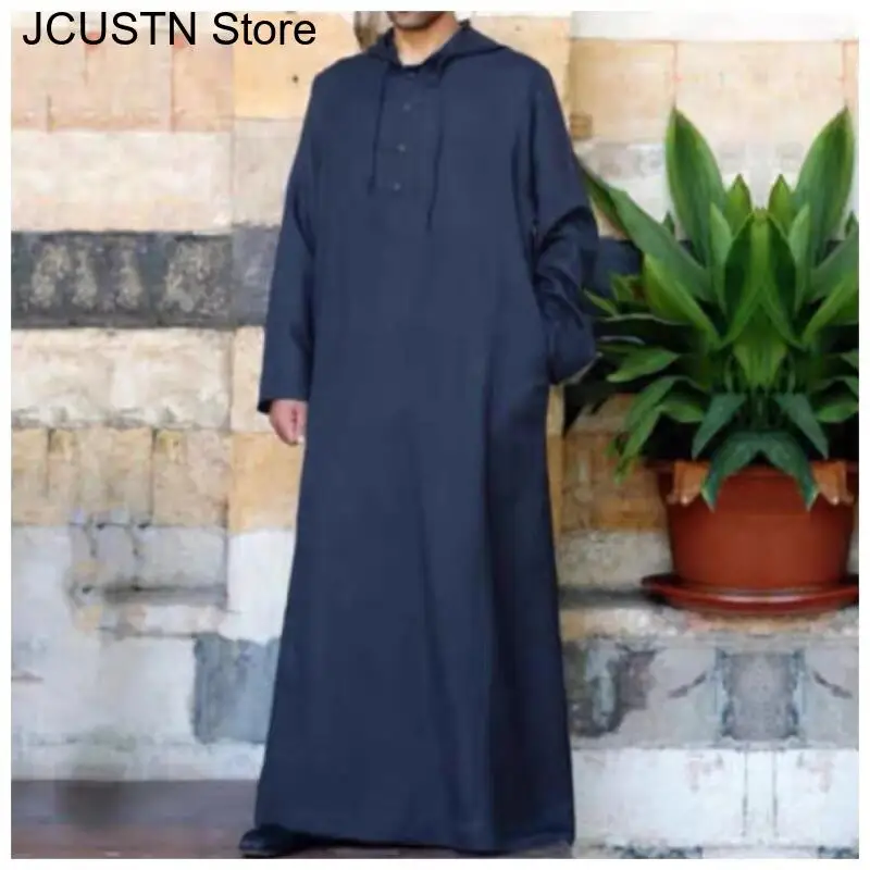 Männer Baumwolle Muslimischen Robe Saudi-Arabien Juba Islamischen Kafatan Mit Kapuze Lose Robe Hemd Taste Tasche Robe Arabisch Tuch Bigsize 3Xl 4Xl