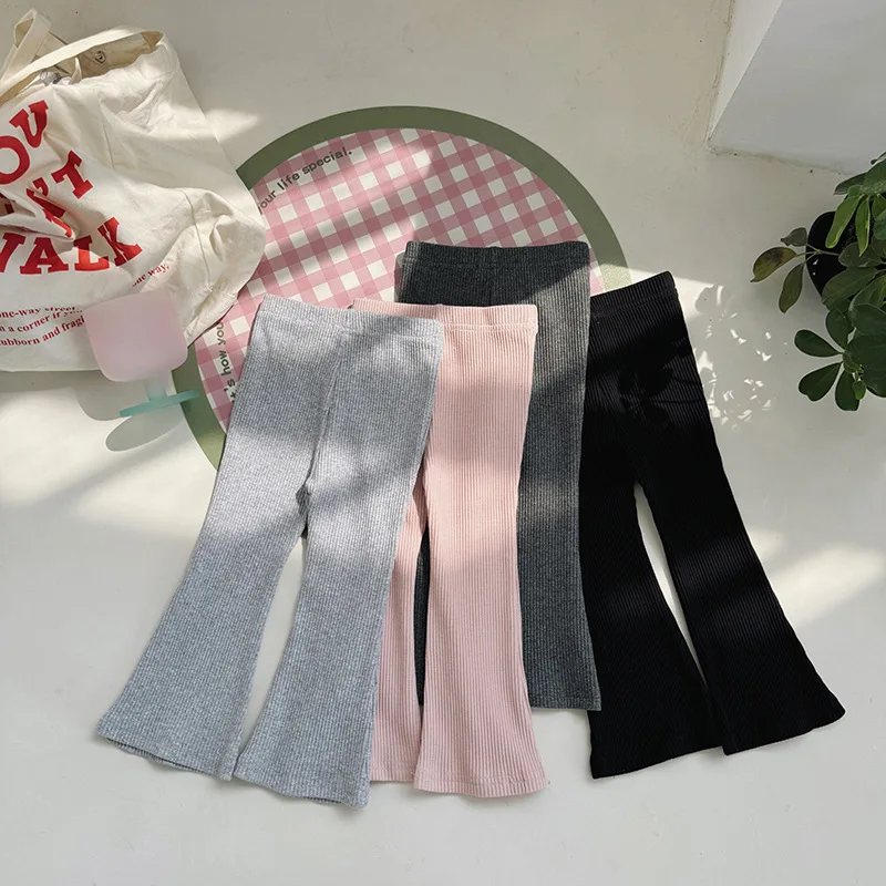 1-8 Y Girls Solid Elasticity Trousers Children's Summer Fit Leggins Flares Pants Kids casual Wearing Long Pant for Outdoor