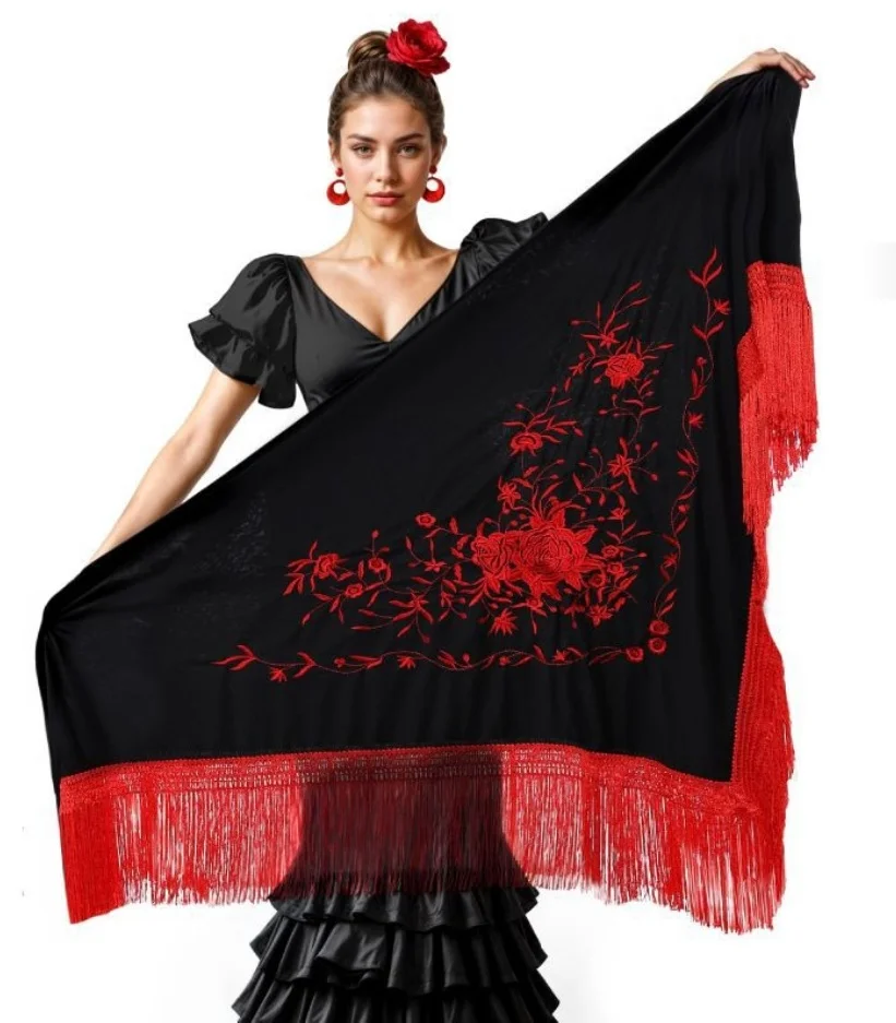 شال ذهبي أحمر أبيض مطرز باللون الأسود لحفلات الكرنفال