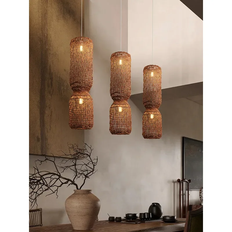 Japanese Wabi Chandelier Zen Retro Pendant Light for Tea Room Loft Staircase Hotel Bar Restaurant Duplex Ceiling Lamp