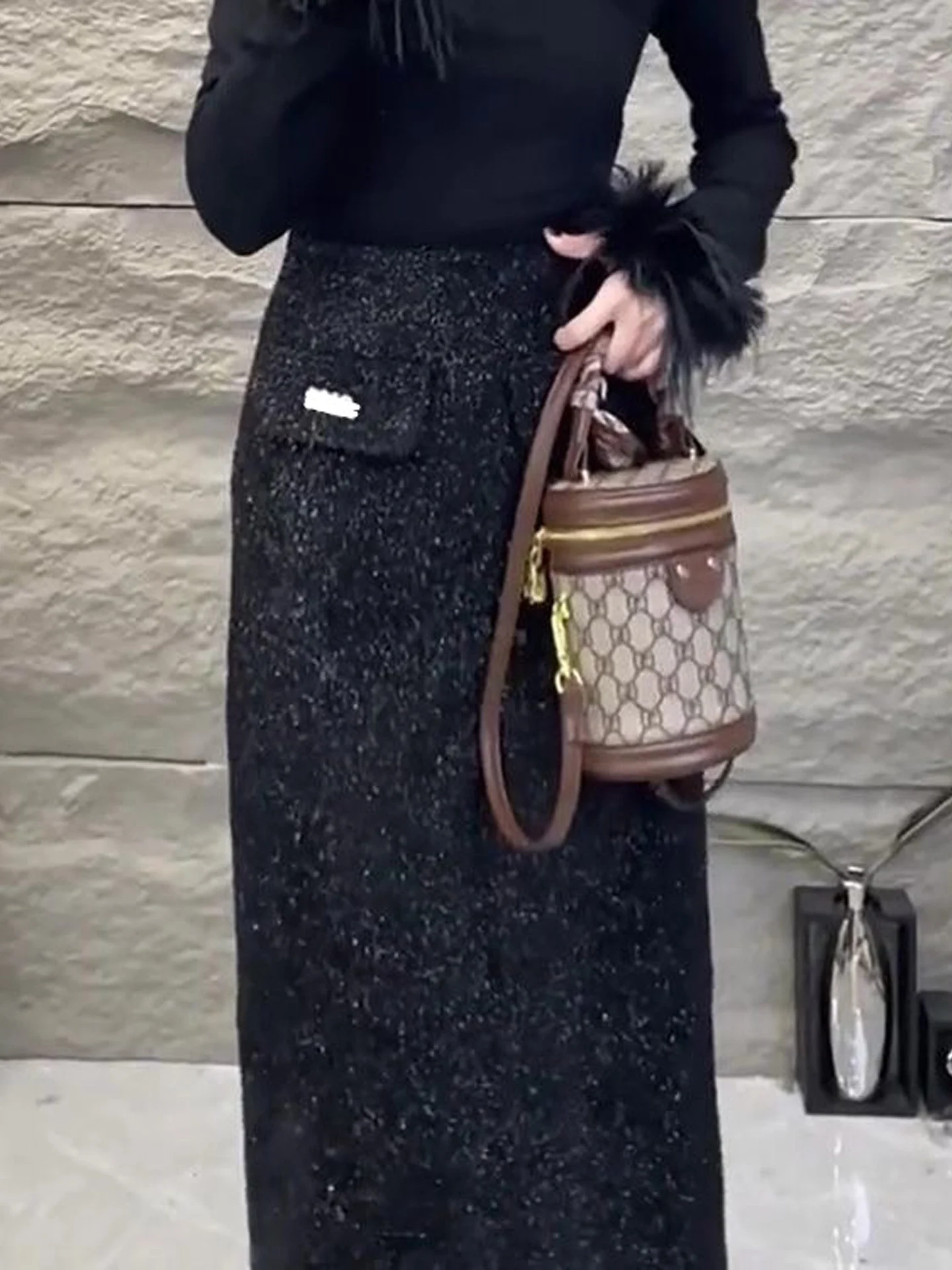 Elegant High Waist Thickened Woolen  Skirt for Women Sparkling Straight Cut Commute Style Daily Wear A-Line Skirt