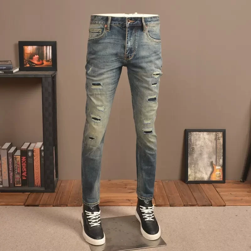 Streetwear Fashion Men Jeans Retro Blue Elastic Slim Trousers Hole Ripped Jeans Men Patched Designer Vintage Denim Pants Hombre