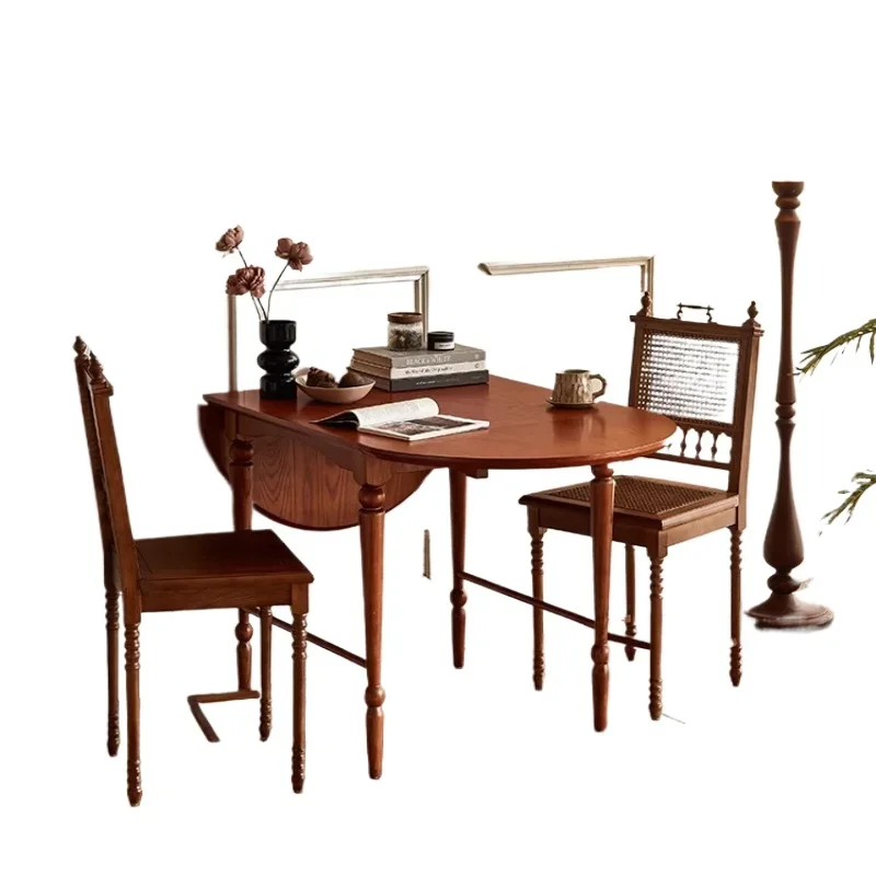 

French retro folding dining table, small household solid wood antique restaurant oval table