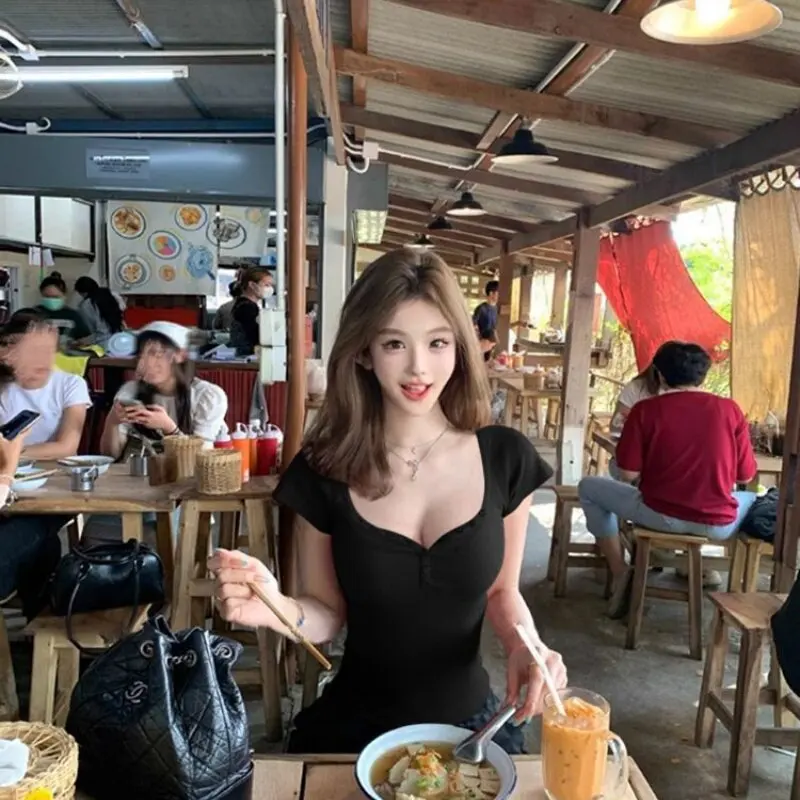 Pure Desirable V-Neck Button Belly-Baring Short Sleeve T-Shirt Women Summer Hong Kong Style Spicy Girl Slim Fit Waist-Cinchin...