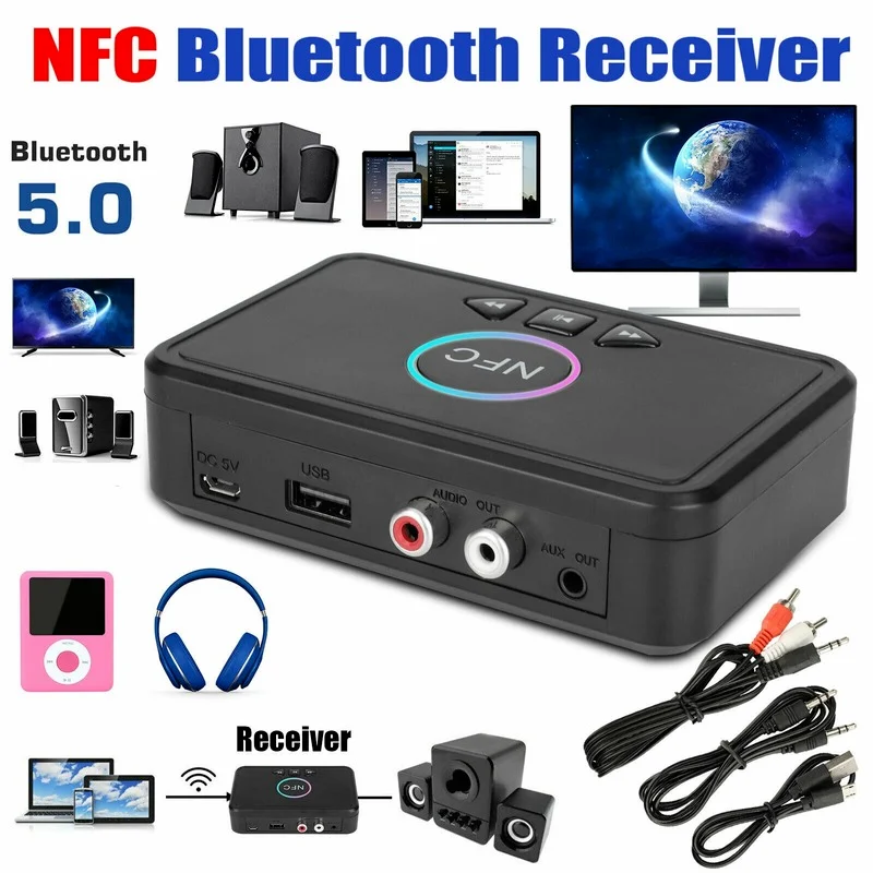 Adapter Bluetooth nadajnik bezprzewodowy odbiornik Audio NFC BT5.0 3.5mm Jack AUX 2 dźwięk radia RCA do zestawu słuchawkowego głośnik samochodowy