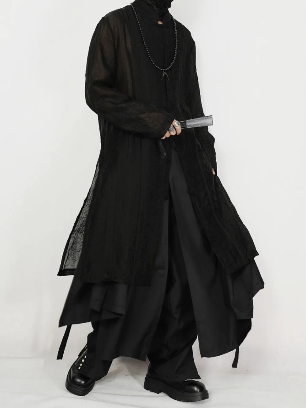 High Street Summer Thin Casual Shirt Men's Chinese Style Stand Up Collar Buckle Zen Style Elegant Long Loose Long Sleeved Shirt
