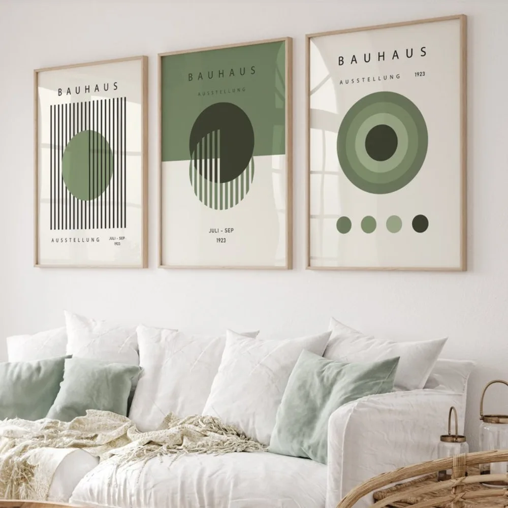 Sage Green Bauhaus Prints,Abstract Geometric Wall Art,Mid Century Modern Poster,Bauhaus Exhibition Poster Set of 3,Danish Pastel
