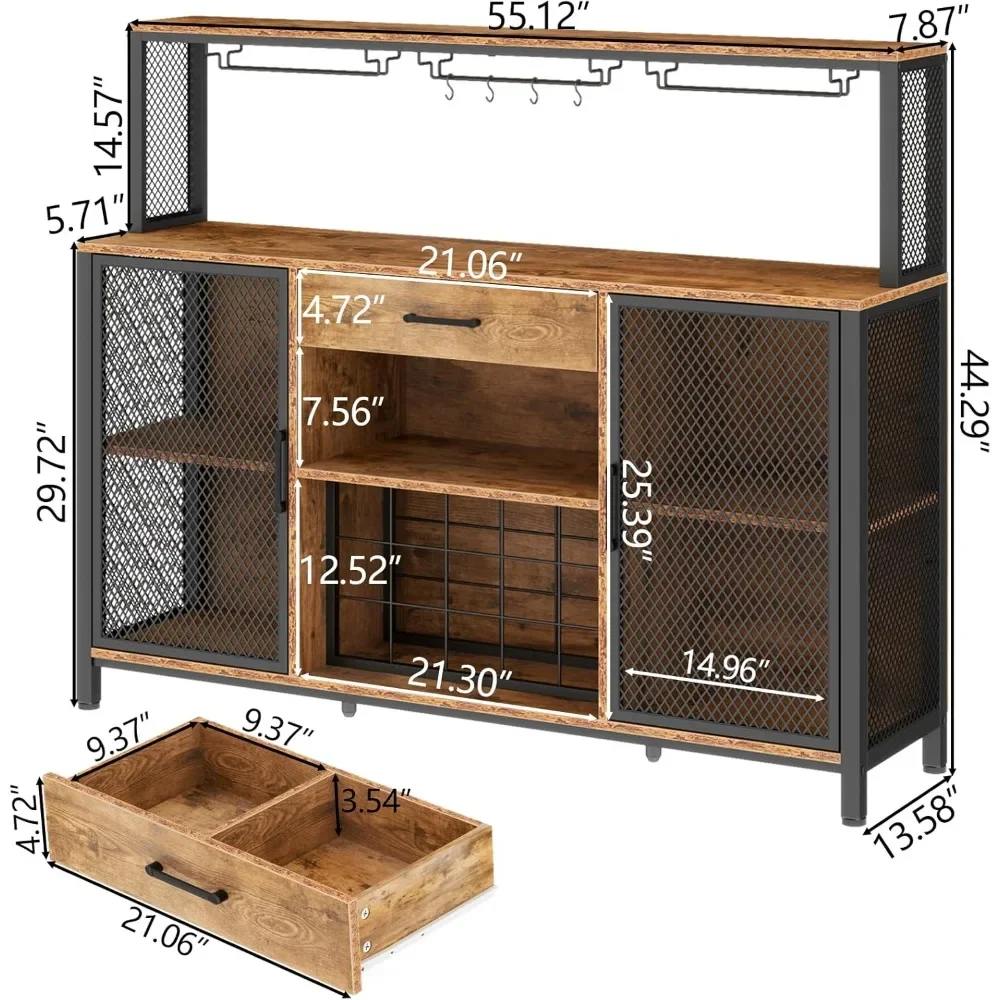 Wine Bar Cabinet with Drawer and LED Lights, 55 Inches Industry Coffee Bar Cabinet with Wine Rack and Glass Goblet Holder