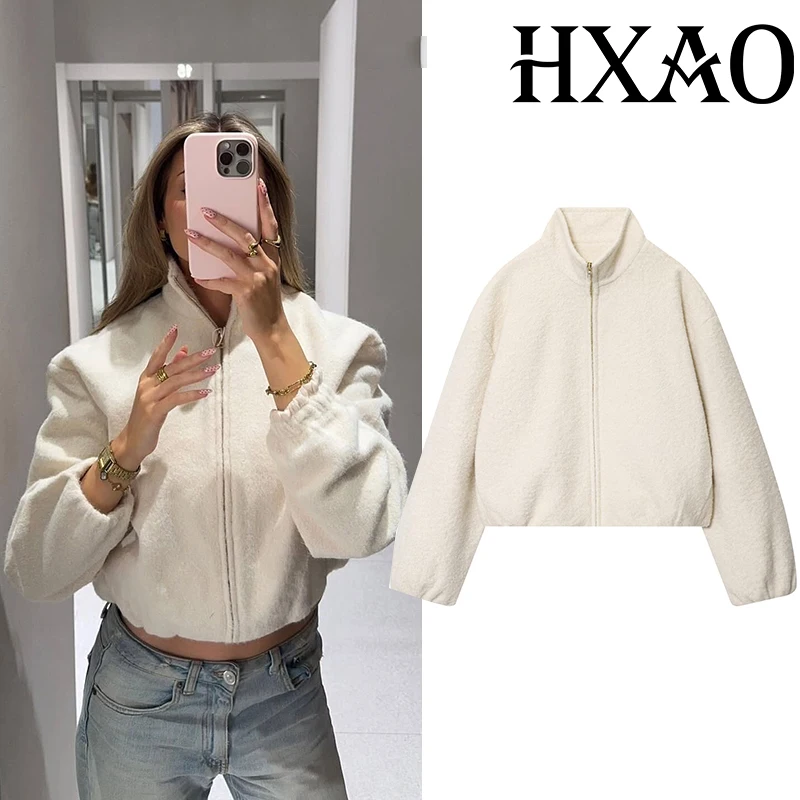 

HXAO Fleeced Cropped Women's Jacket Zip Up Autumn Winter Fleece Jacket For Women Outerwears Long Sleeve Bomber Plush Jacket Coat