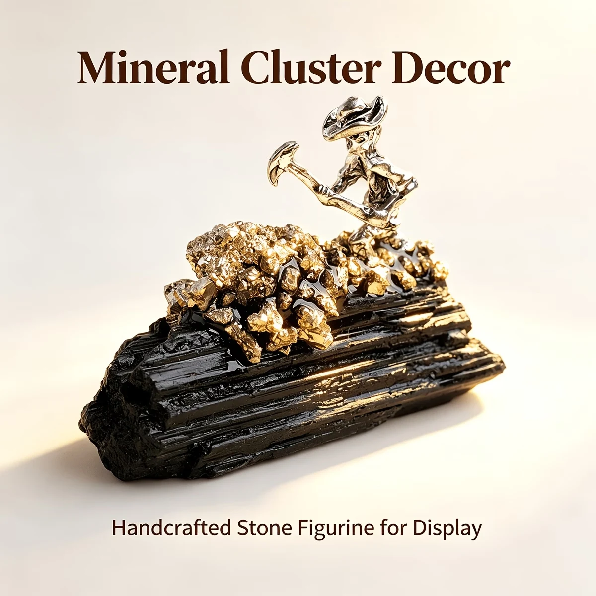 1pc Natural Tourmaline Pyrite Miner Figurine, Handcrafted Mineral Cluster Specimen, Desktop Decor Collectible Gift, Random Shap