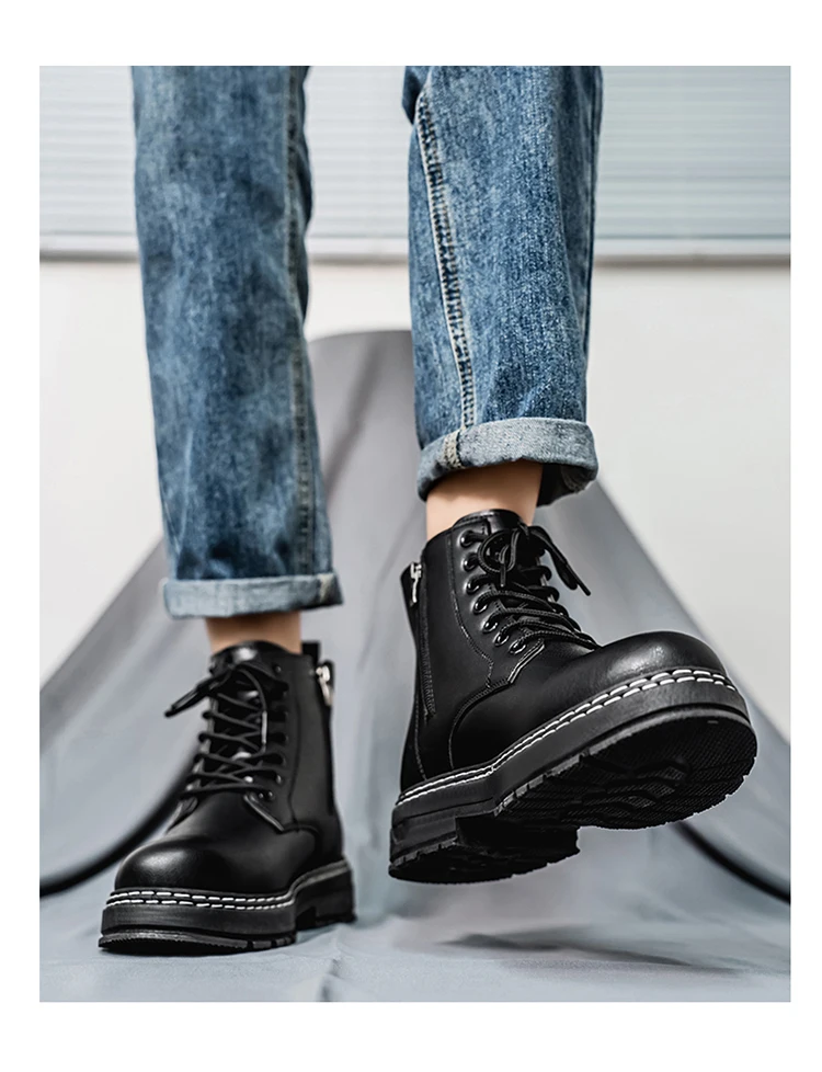 Britischer Stil Schwarze Hohe Arbeitsstiefel, Plattform-Höhenverstellbare Knöchelstiefel für Outdoor & Pendeln – Detail 8