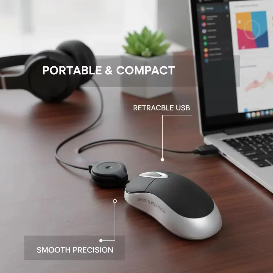 Mini Wired Mouse with Retractable Cord,800DPI&4-Ways Scroll Compact Ergonomic Design Optical Travel Mouse For PC Desktop Mouse