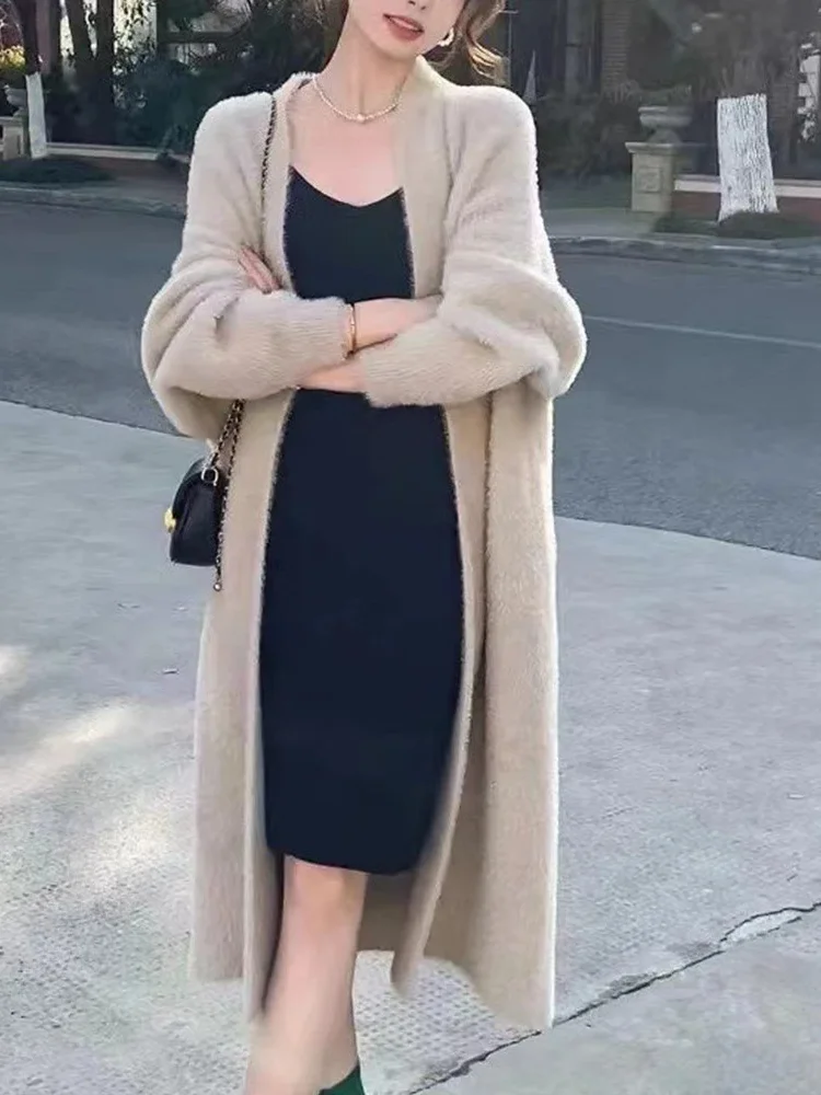 

Autumn/Winter Lazy Style Warm Knee Length Thickened Women Cardigan Pure Imitation Mink Fleece Knitted Sweater Women Warm Coat