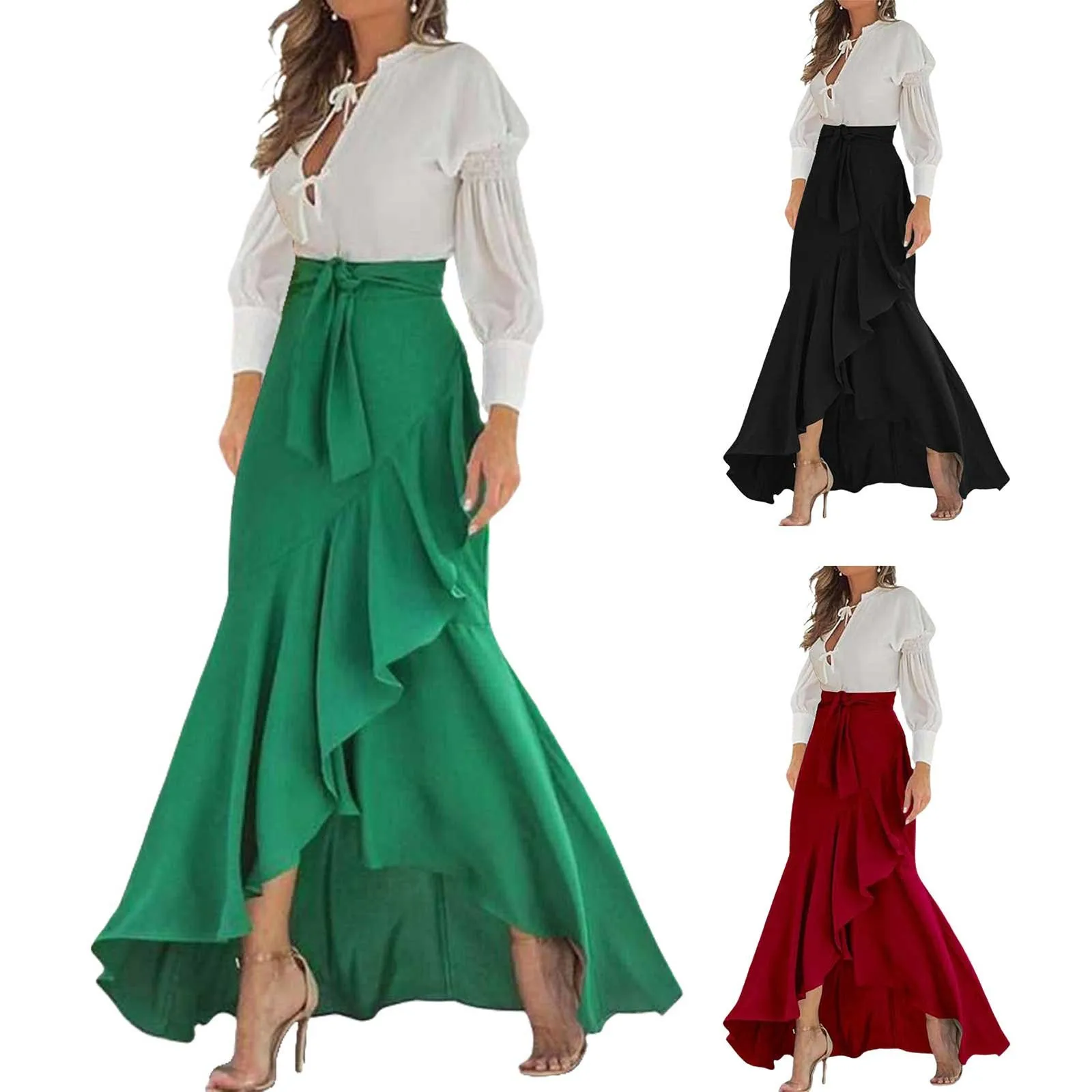 Women'S High Waist Skirt Ruffle Hem Skirt Back Waist Elastic Mermaid Skirt Prom Party Maxi Dress Irregular Half Length Skirt