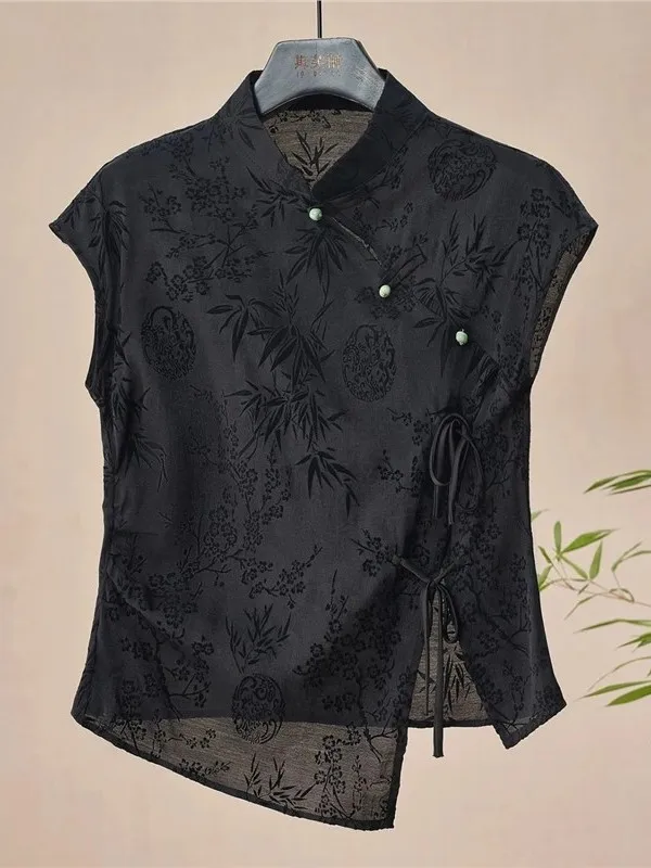 

New Chinese Sle ort Sve irt Women's Faion Brand Button Design Sensation Qipao irt Top with Belt Retro Commute