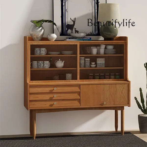 Simple modern solid wood dining side cabinet small apartment living room glass push-pull locker entrance cabinet Nordic