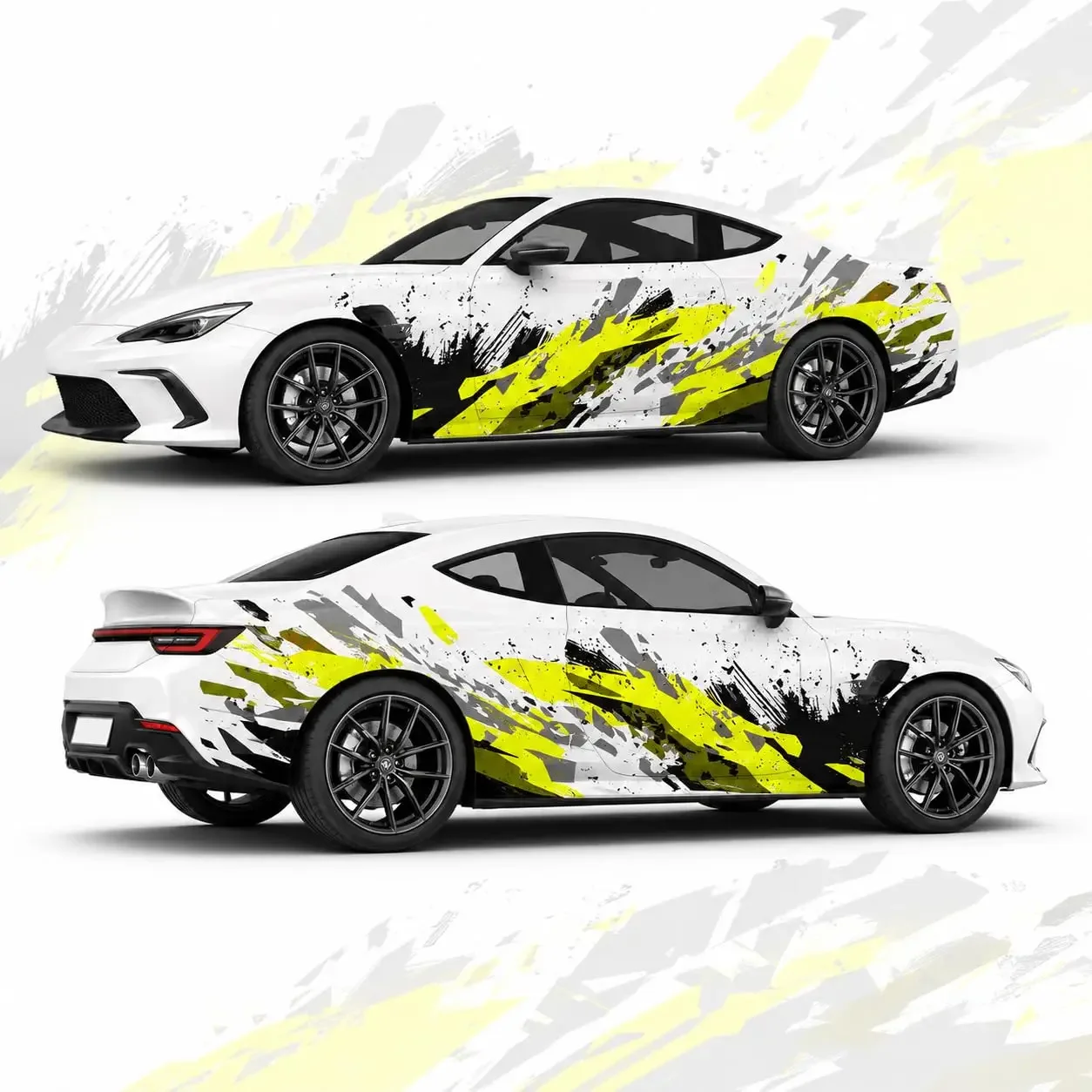 2Pcs Neon Yellow Black Gray Car Side Decals, Racing Shattered Graphic Door Stickers, Waterproof Sunproof Auto Body Scratch Cover