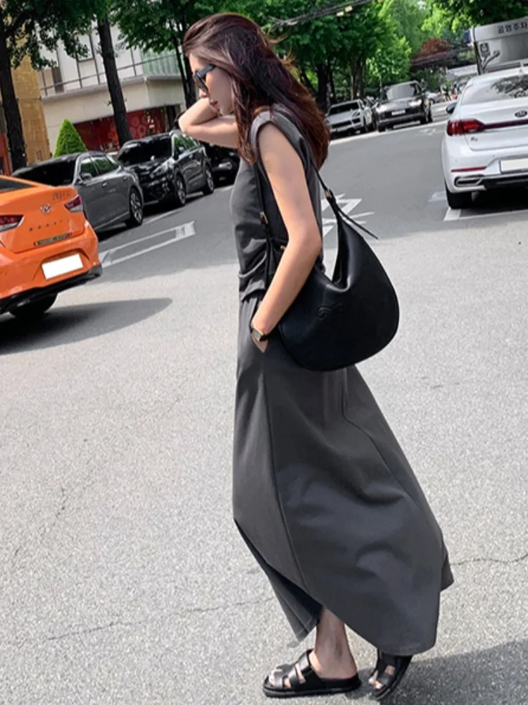 Slimming High Waist A-Line  Skirt And Tank Top Two-Piece Set Chic Summer Folded Versatile Commute Sle Medium Softn