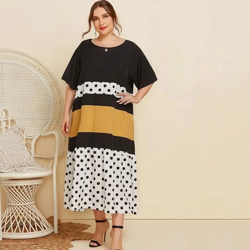L38E Women O-Neck Polka Dot Stitching Casual Short Sleeve Oversized Loose Midi Dress