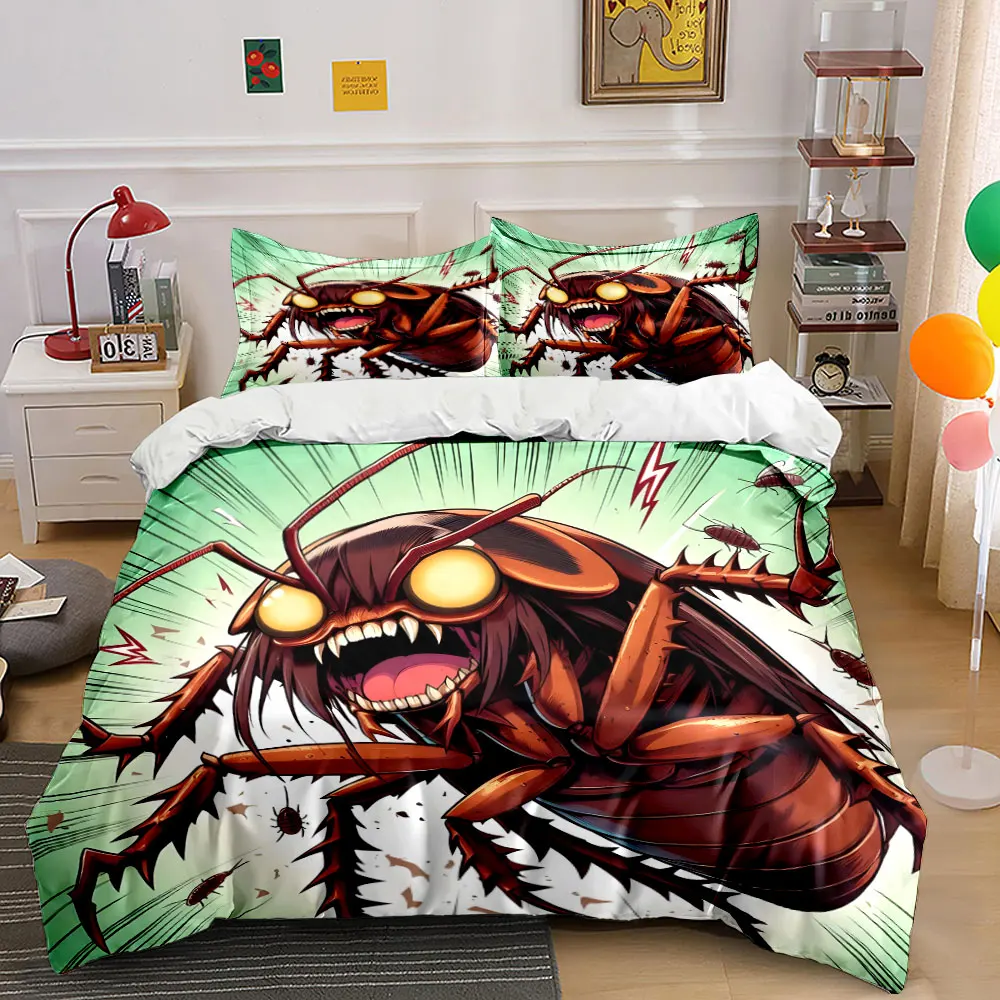 Giant cartoon cockroach roaring fiercely Print Bedding Set 1 Duvet Cover 2 Pillowcases for Adult and Children Luxury Gift