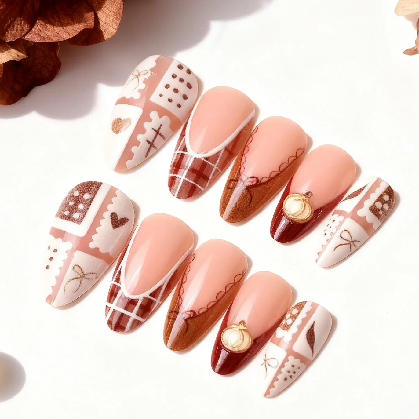 

24 шт., набор мидиевых миндалевых ногтей, накладные ногти во французском клетку, дизайн ногтей для женщин, накладные ногти с узором тыквы, который можно хранить, кончик
