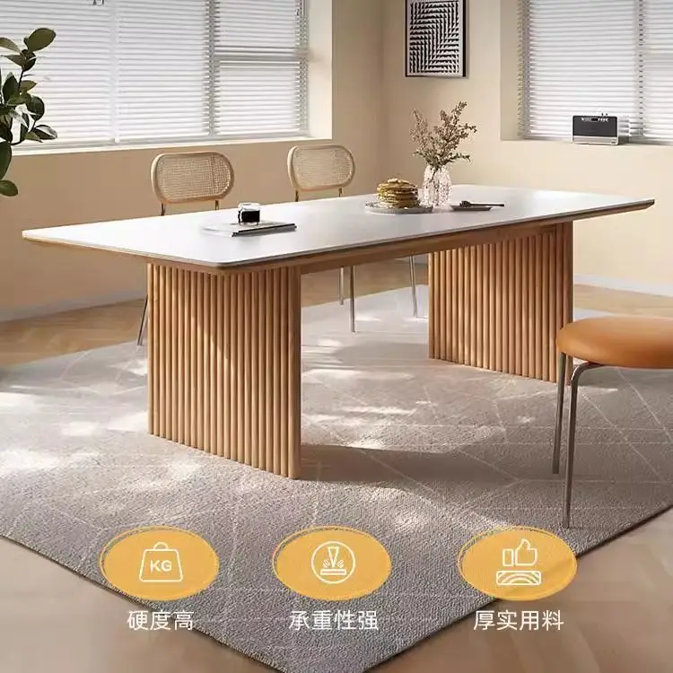 طاولة طعام من الخشب الصلب، طاولة طعام حديثة وبسيطة وخفيفة فاخرة، مستطيلة الشكل، شمع أبيض #5