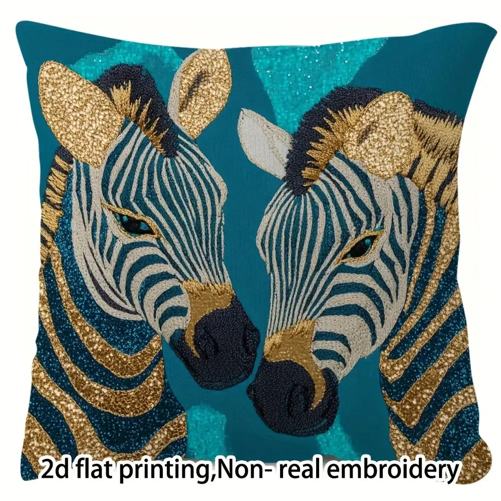 Teal Golden Vintage Zebra Double-Sided Decorative Pillowcase, Aqua Blue Modern Pattern Cushion Cover for Sofa Living Room
