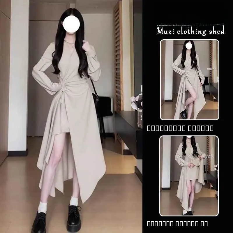 

Slimming A-Line Dress V-Neck Long Sleeve High Waist Design Split Pure Color Elegant Ladylike Style Women's Fashion Dress