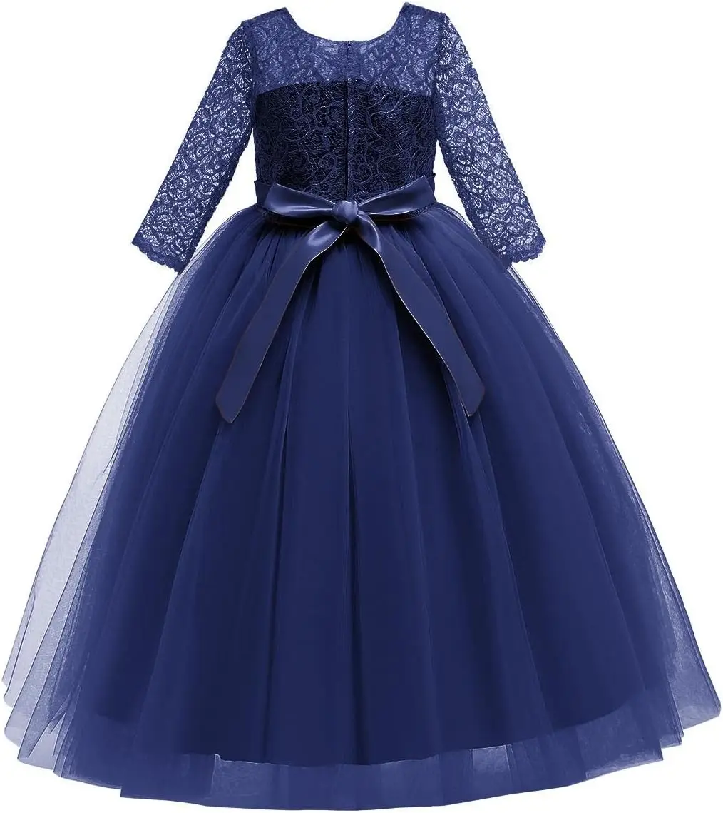 فستان فتاة الزهور 2025 ريترو دانتيل 3/4 كم طول الأرض لحفلات الزفاف فستان رسمي للرقص البيغاني