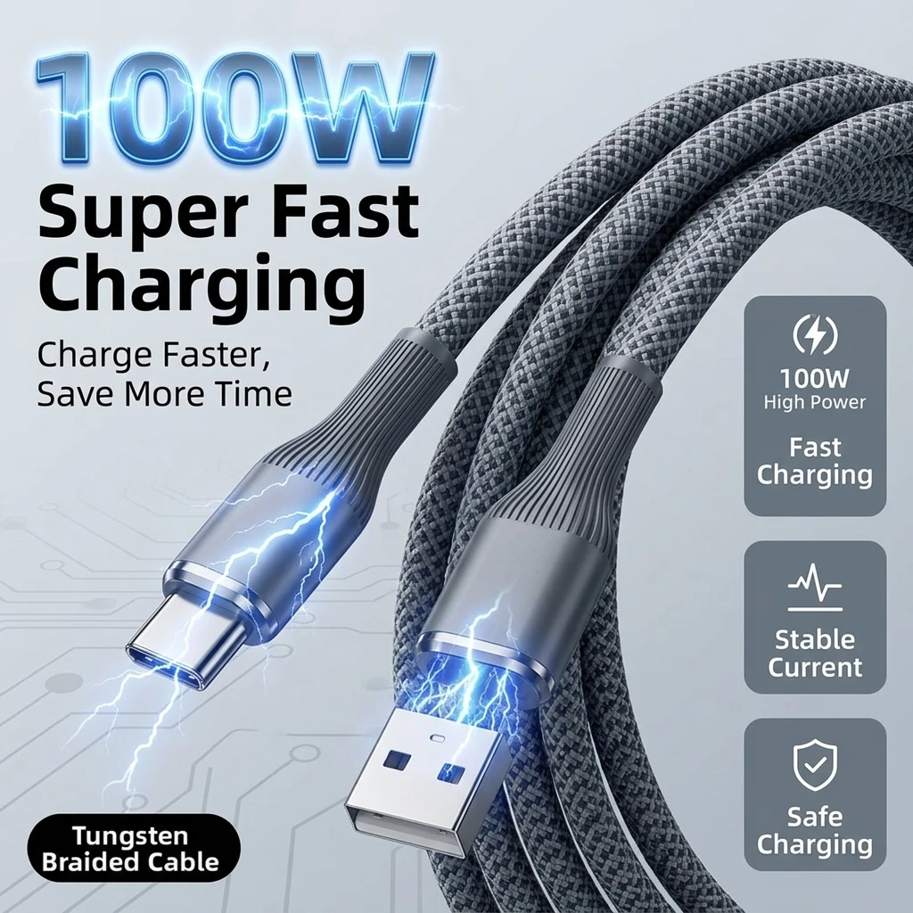 Braided USB A to USB C 100W Super Fast Charger Wire Dorm Late Night Multi Device Charge Station