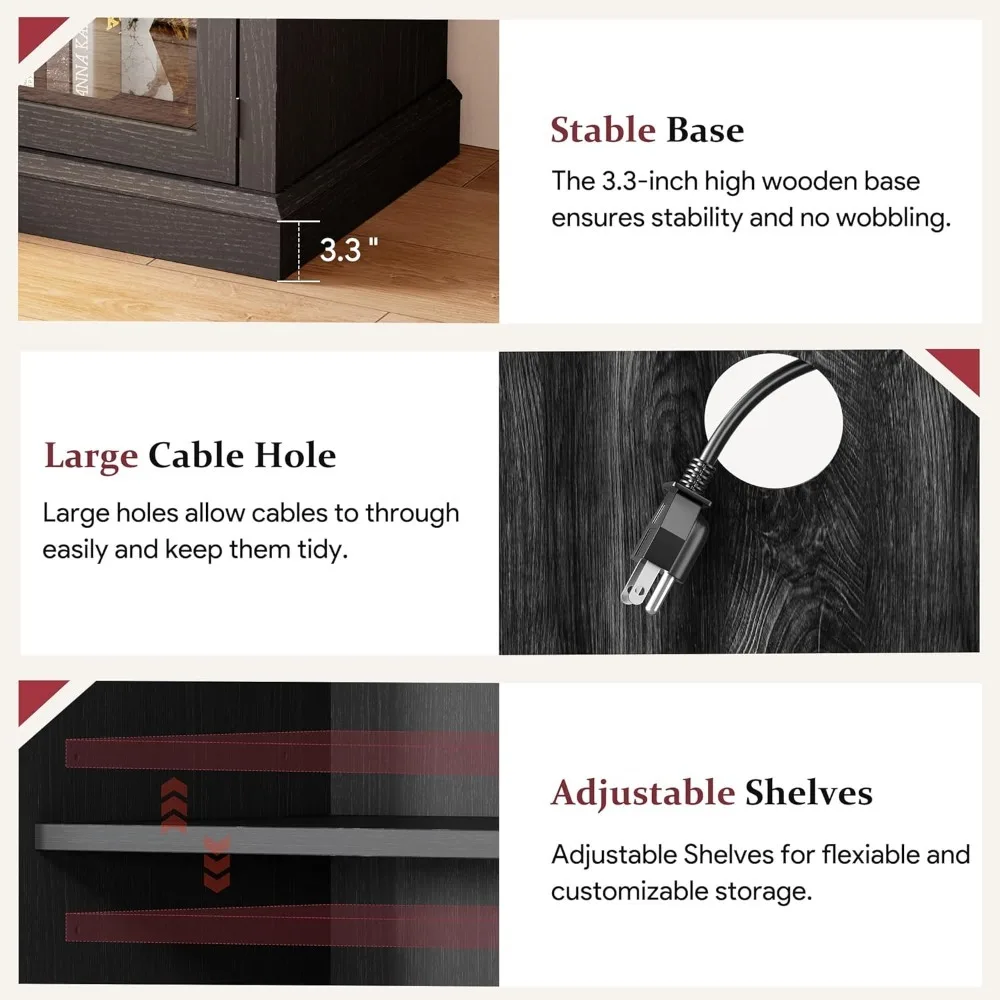 Supporto TV con caminetto da 80'', centro di intrattenimento in fattoria con supporto TV in vetro a 3 lati, tavolo consolle multimediale moderno con contenitore