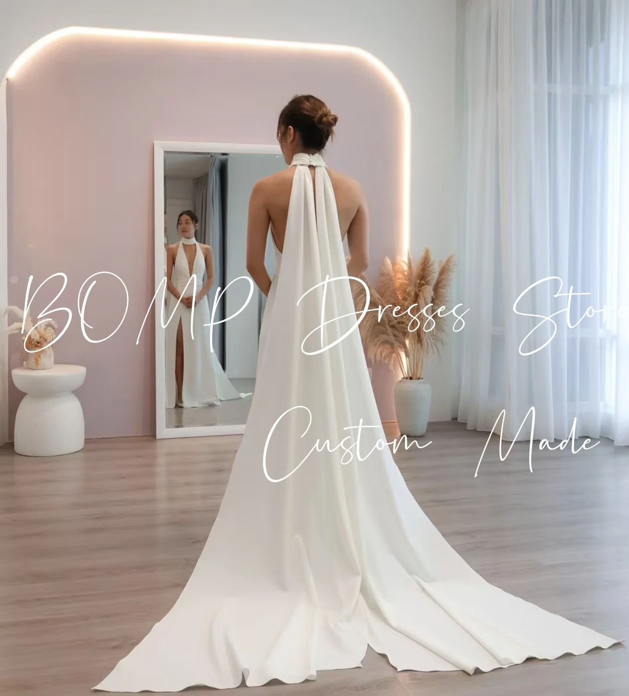 BOMP Elegant Wedding Dress Halter Cut Out Backless Mermaid Side Slit Sweep Train Ivory Satin Bridal Gown Customized Simple