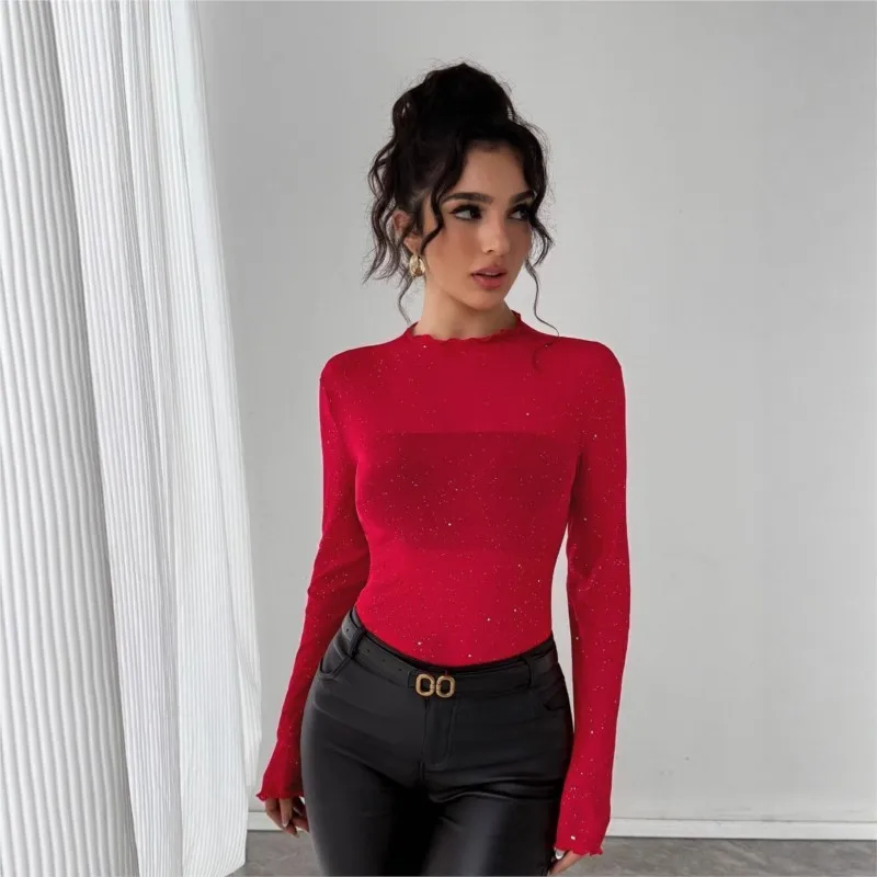 

New Autumn Sequined Top For women T Shirt Fitted long-sleeved Shiny Thin Commuter Top