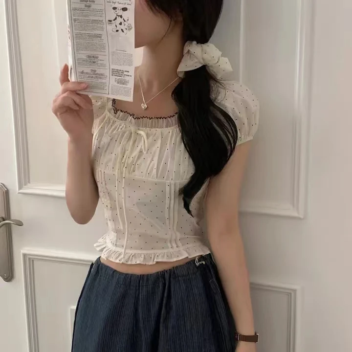 الصيف المرأة الشيفون irt الكورية Sle الحلو الدانتيل تقليم لصق ساحة طوق البولكا نقطة عقدة مع رباط شعر
