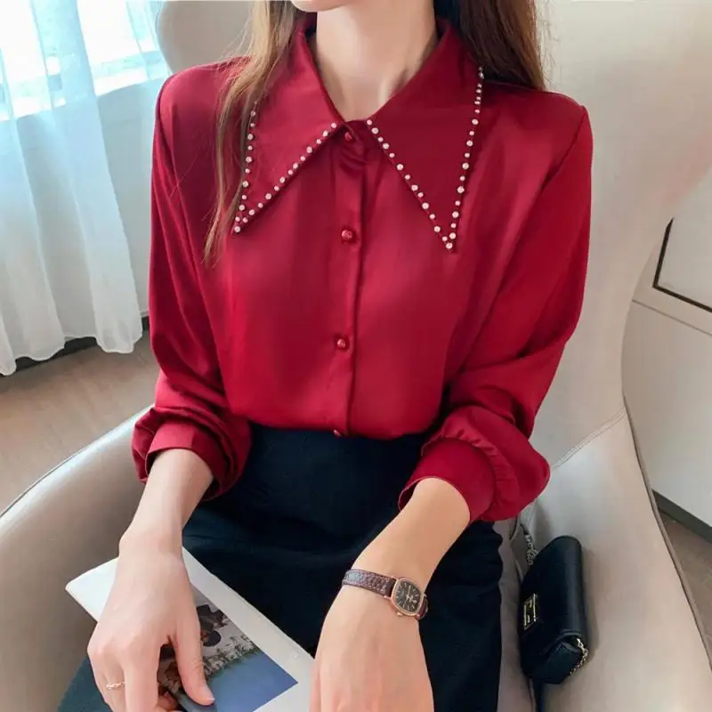 Women Spring Korean Temperament Loose Embroidered Flares Solid Color Long Sleeve Shirts Ladies Casual All-match Appear Thin Tops