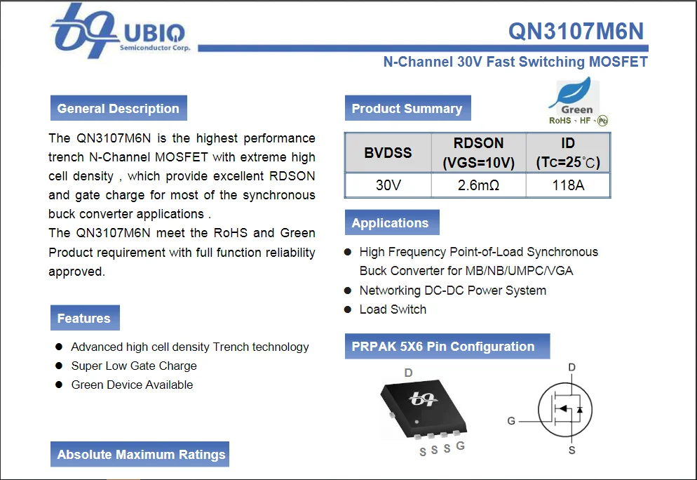 QN3107M6N QN3107 PRPAK 5X6 N-채널 30V 고속 스위칭 MOSFET, 5 개