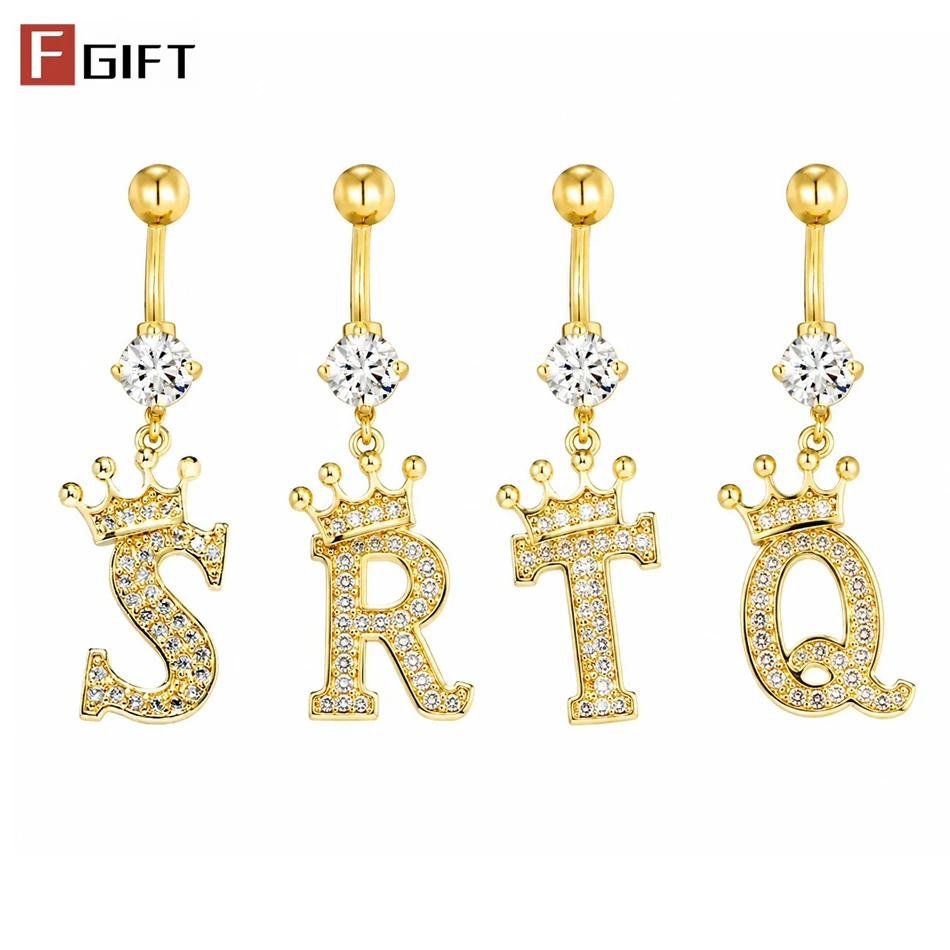 Pendiente de circonita con letras Q R S T y corona brillante de moda, anillo de ombligo de acero inoxidable, piercing de ombligo de titanio, joyería corporal para mujer