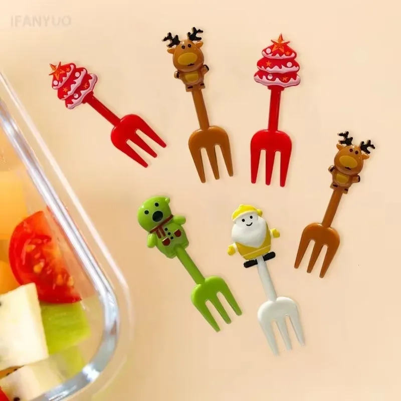 Christmas Fruit Forks Plastic Xmas Cupcake Toppers Santa Claus Snowman Elk Cookie Toothpicks Cake Decorations Party Tableware