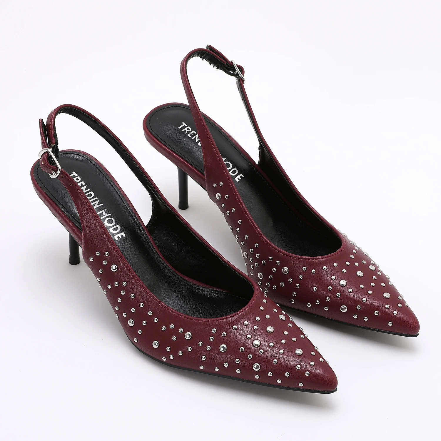 

Trendin Mode, женские туфли-лодочки на высоком каблуке-шпильке с заклепками и ремешком на спине, туфли-лодочки с острым носком, вечерние сандалии для ночного клуба